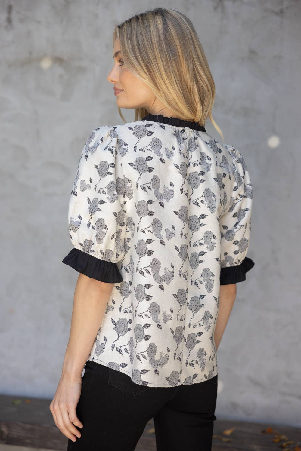 Black Rose Jaquard Contrast Ruffle Top