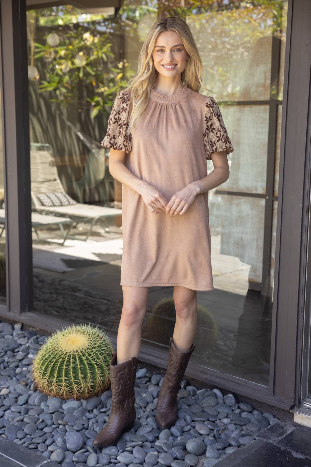 Floral Embroidered Short Sleeve Suede Dress