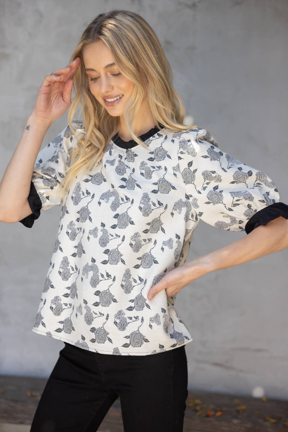 Black Rose Jaquard Contrast Ruffle Top