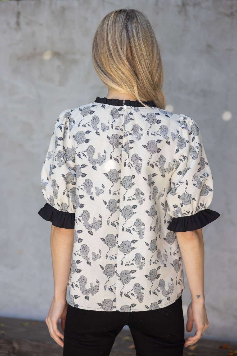 Black Rose Jaquard Contrast Ruffle Top
