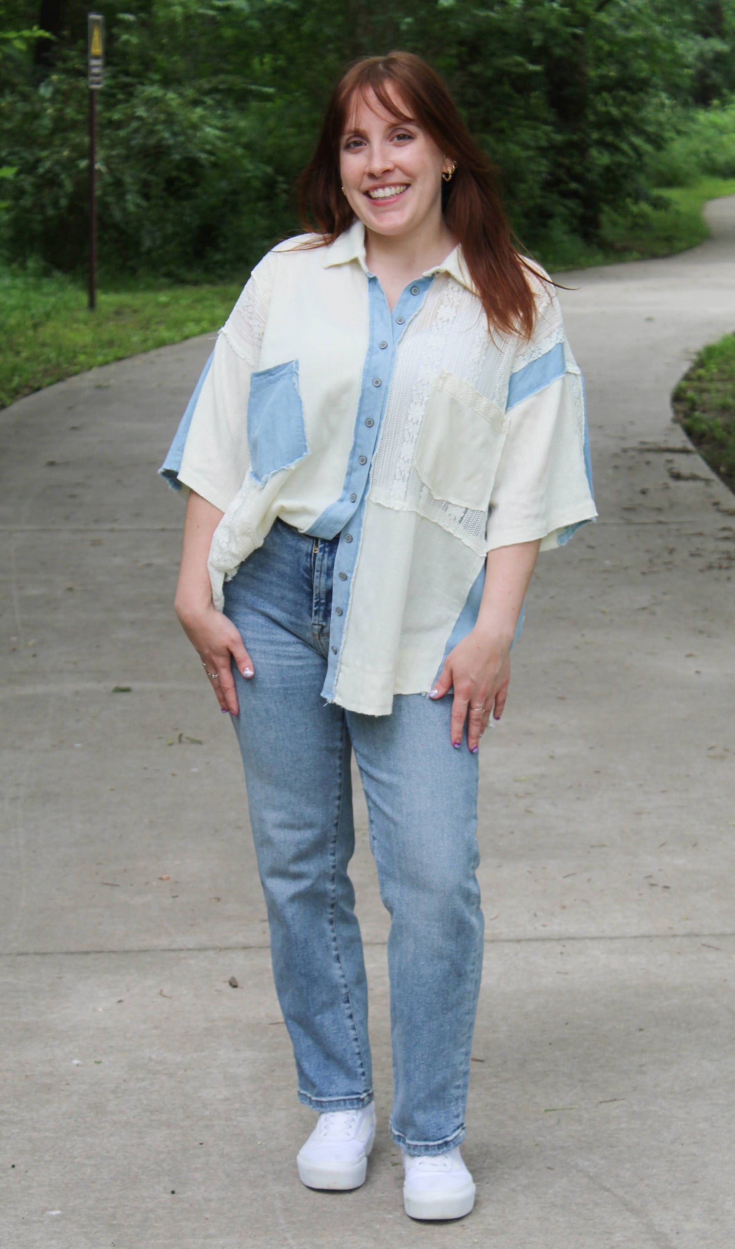 Short Sleeve Lace Contrast Button Down Top