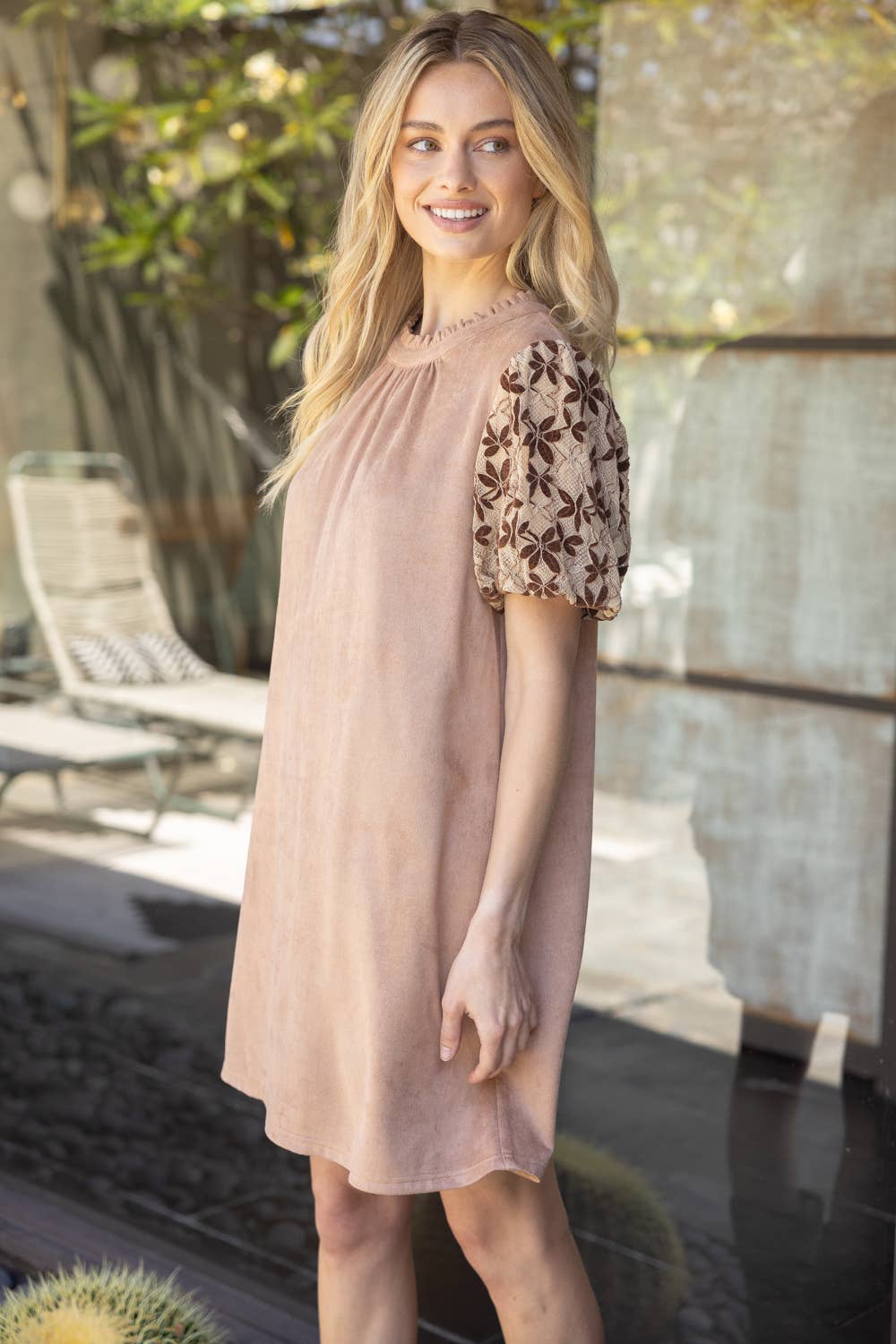 Floral Embroidered Short Sleeve Suede Dress
