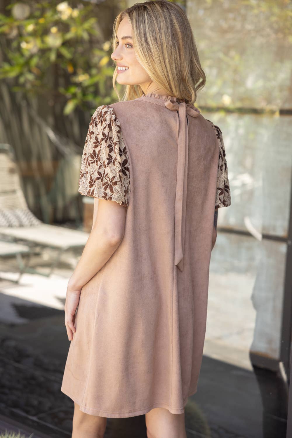 Floral Embroidered Short Sleeve Suede Dress