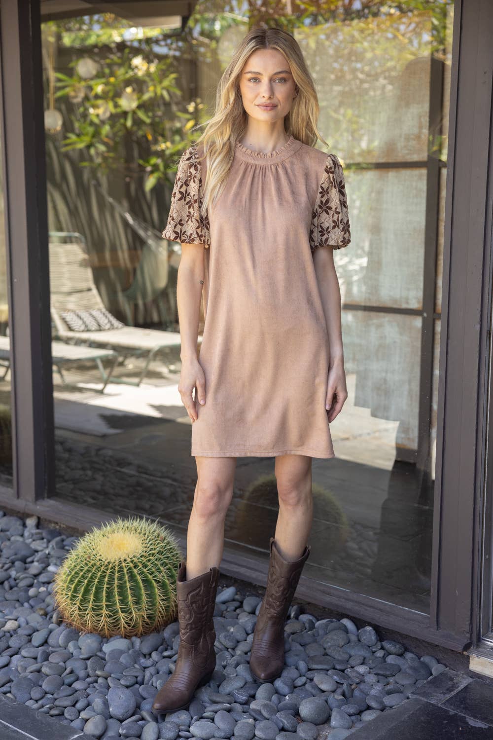 Floral Embroidered Short Sleeve Suede Dress