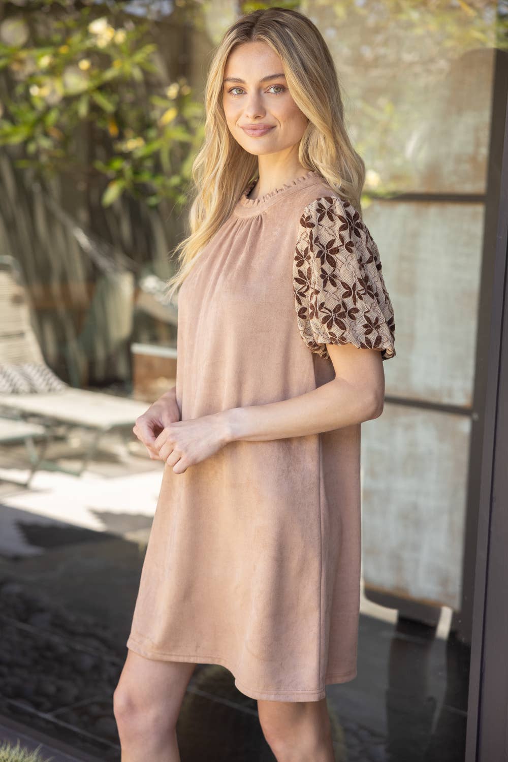 Floral Embroidered Short Sleeve Suede Dress