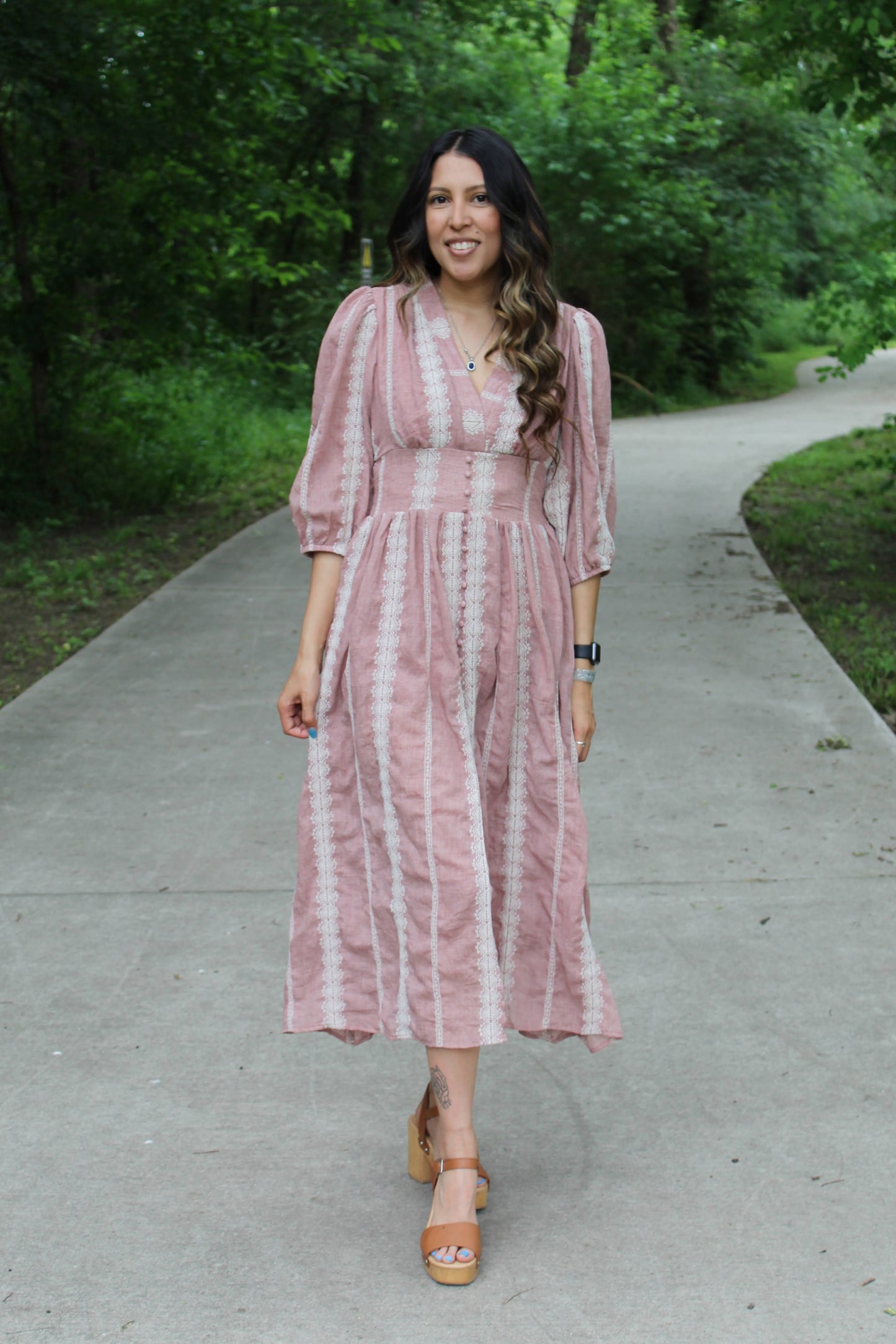 Embroidered Geo Aztec Stripe Midi Dress