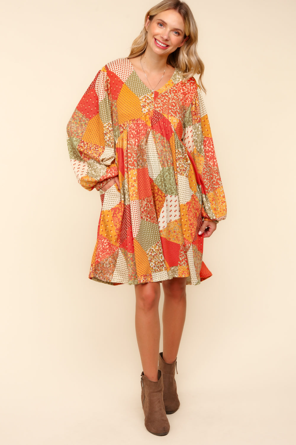 V-Neck Floral Patchwork Dress