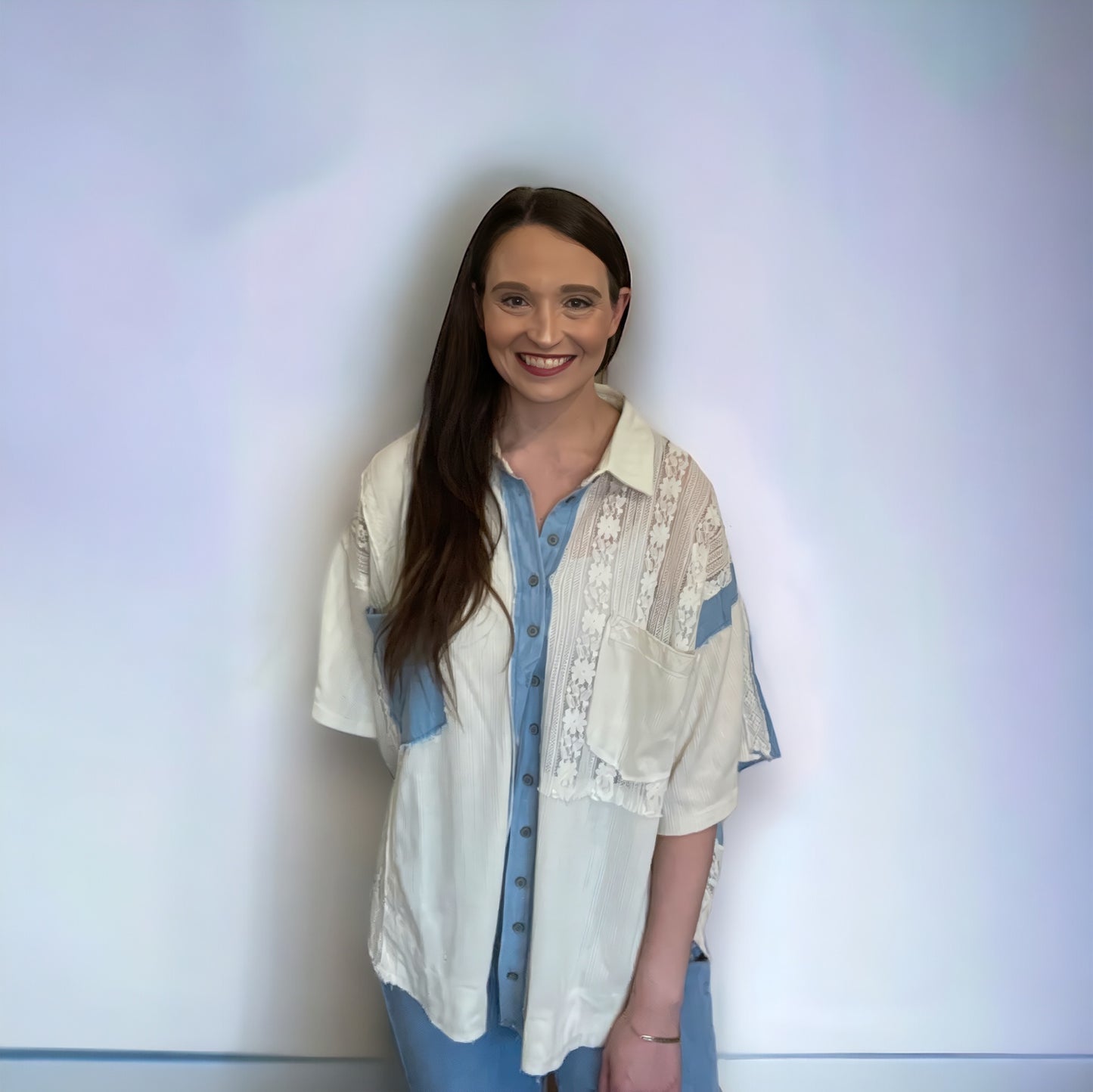 Short Sleeve Lace Contrast Button Down Top