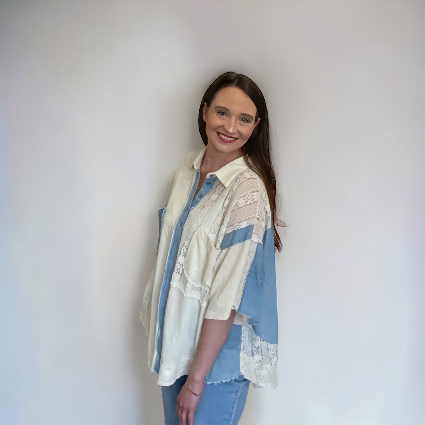 Short Sleeve Lace Contrast Button Down Top