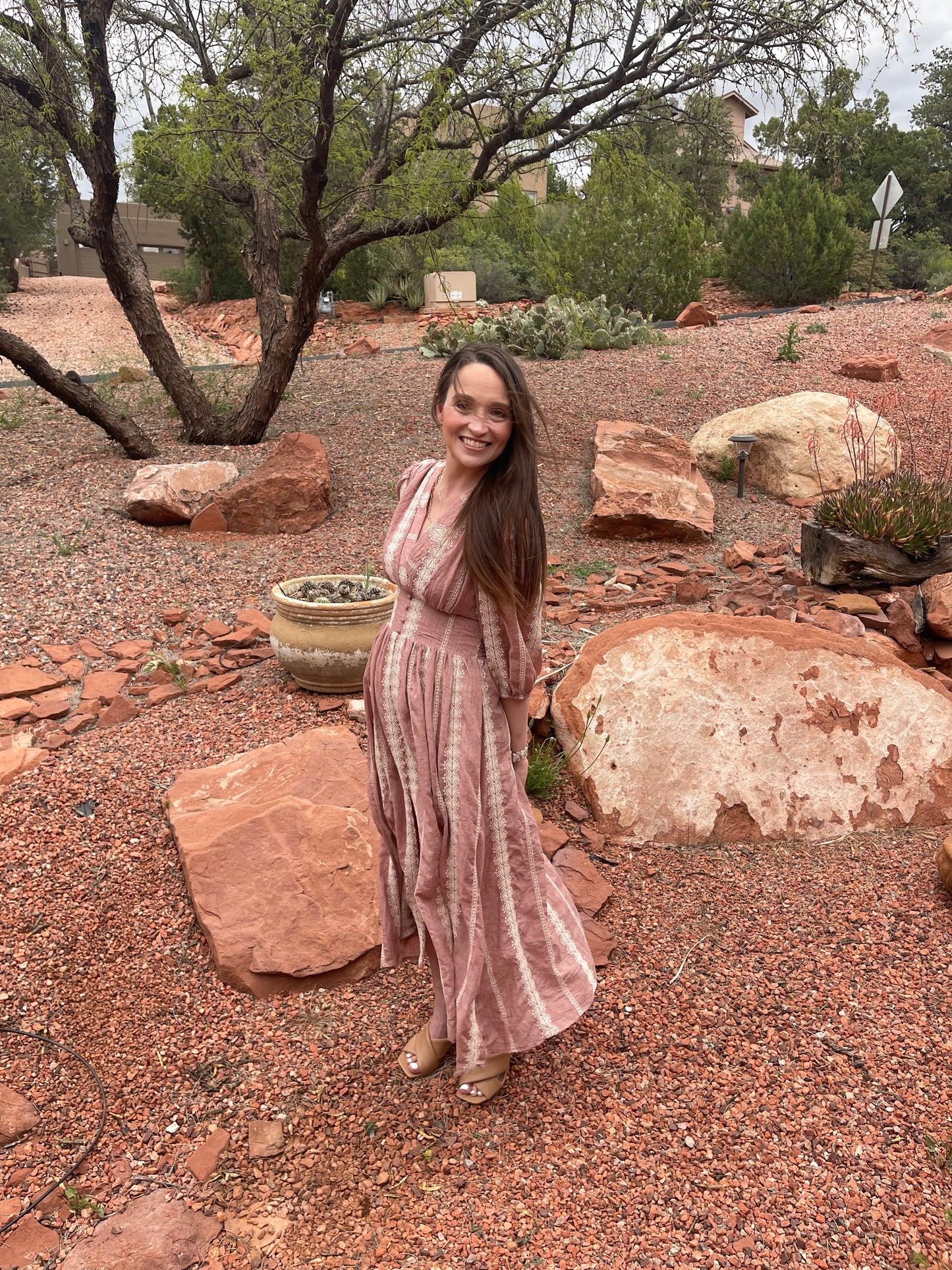 Embroidered Geo Aztec Stripe Midi Dress