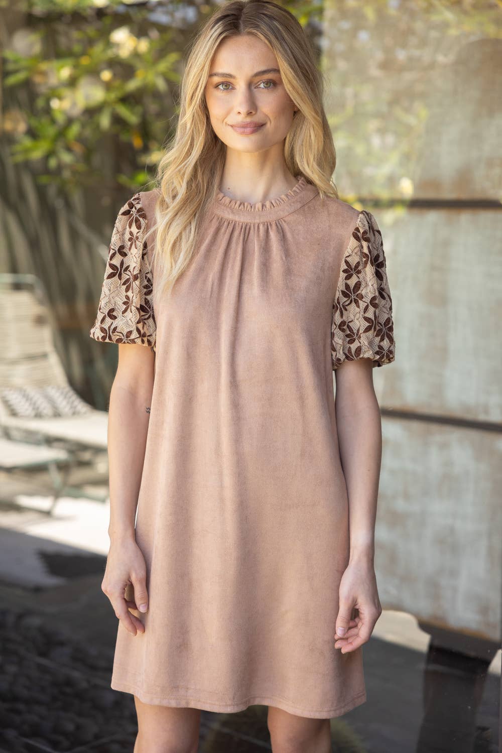 Floral Embroidered Short Sleeve Suede Dress