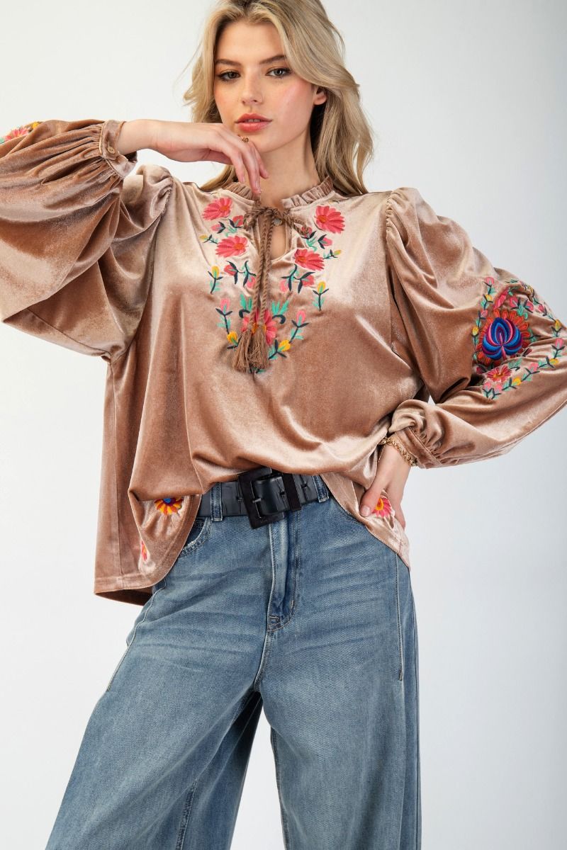 Embellished Detailed Floral Velvet Top