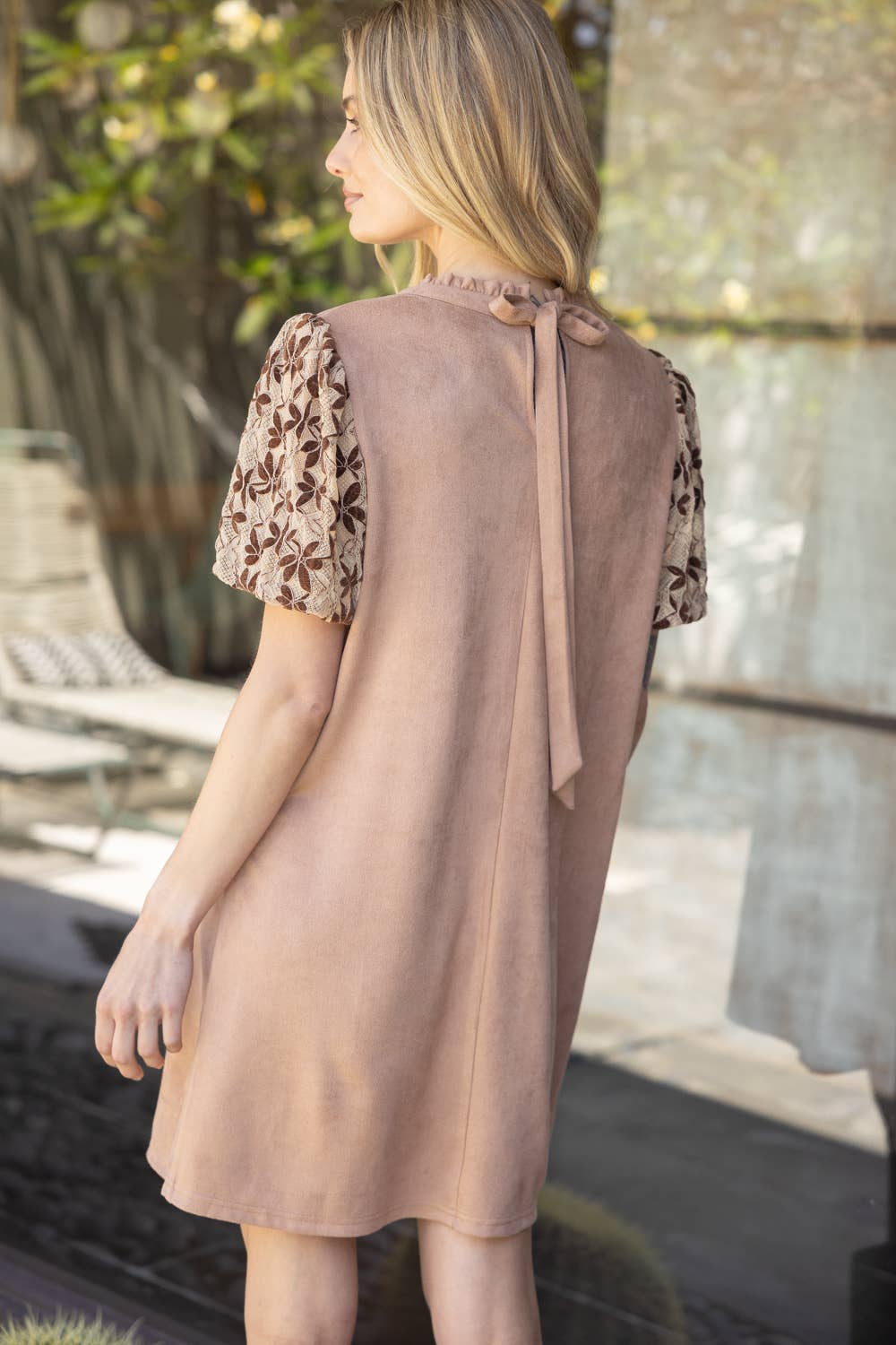 Floral Embroidered Short Sleeve Suede Dress