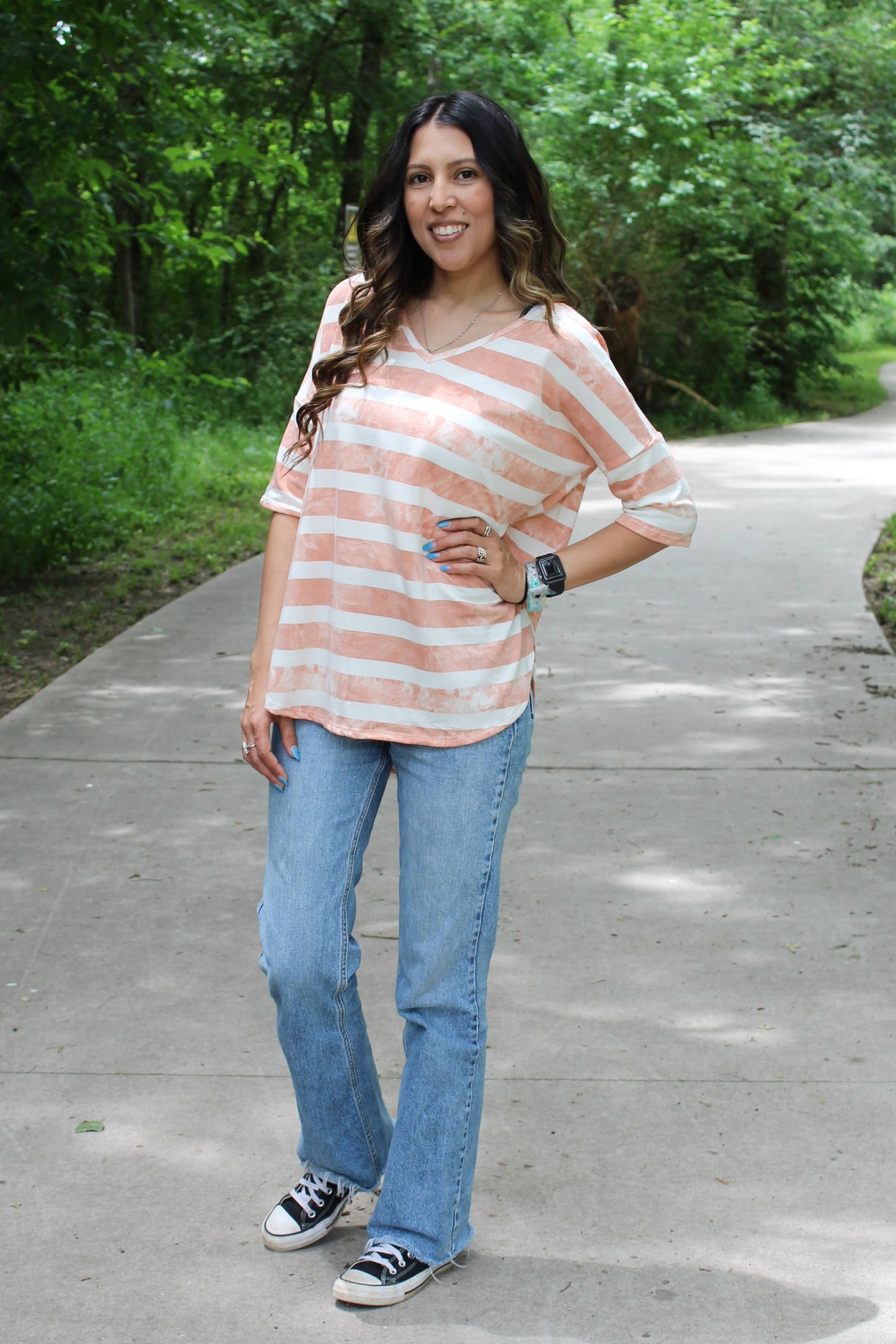 Striped V-Neck Tie Dye Top