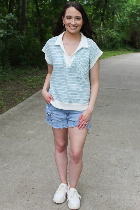 Striped Knit V-neck Short Sleeve Top