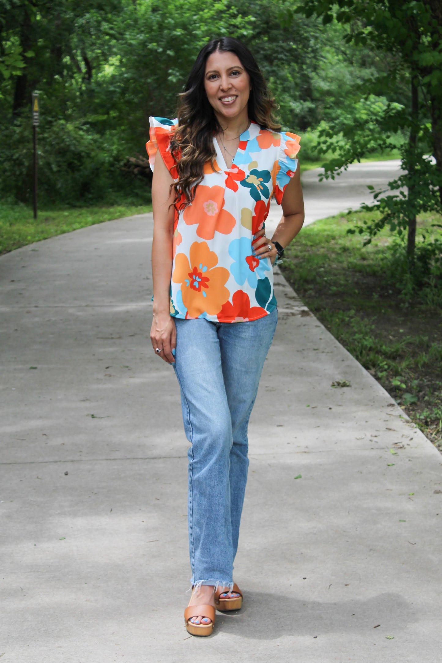 Floral Print Ruffled Sleeve V-Neck Top