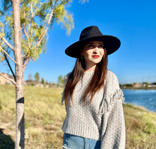 Grey Fringed Sleeve Sweater