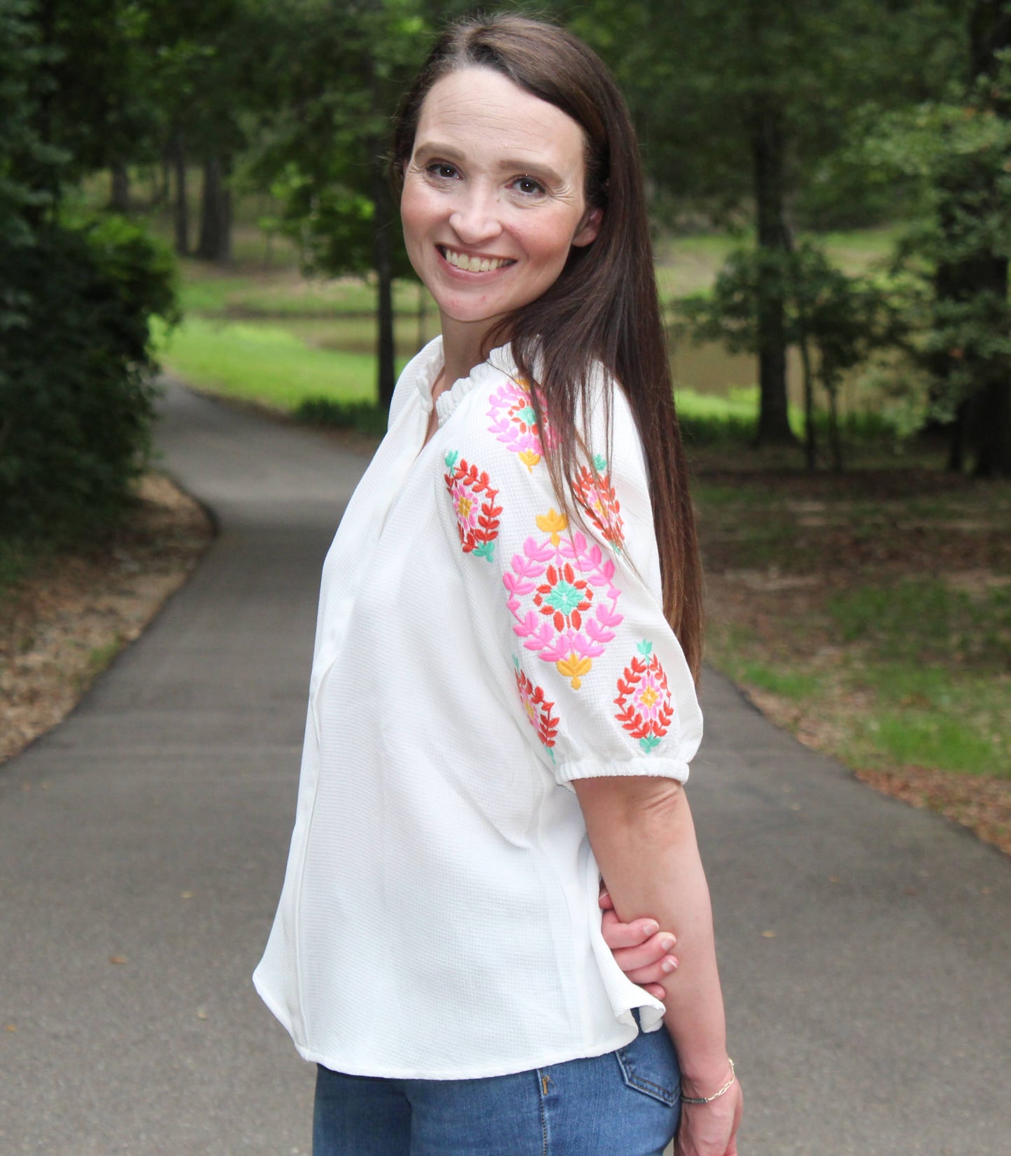 Embroidered Raglan Sleeves V-Neck Top